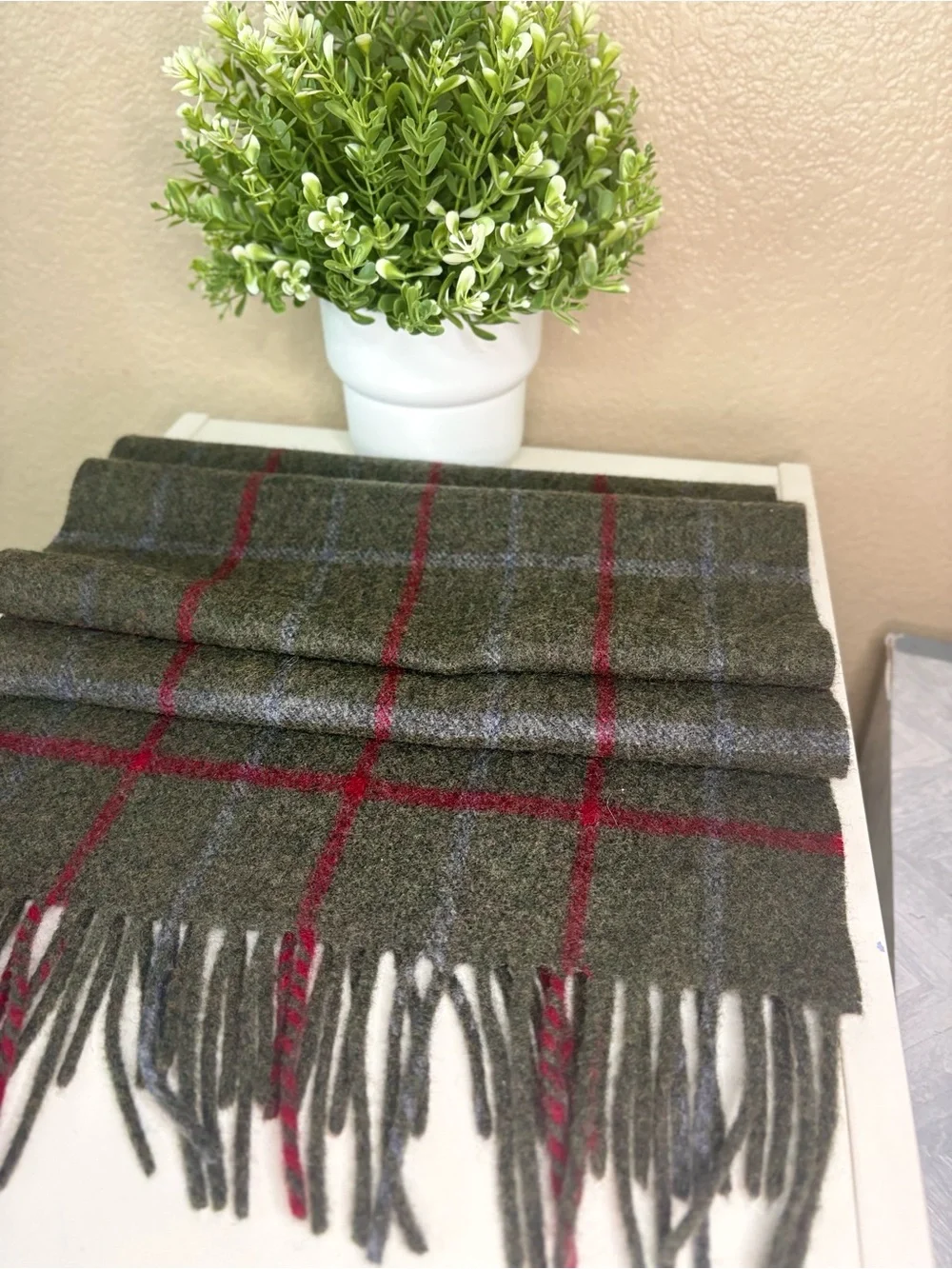 John Hanly Ireland Wool Cashmere Plaid Fringe Scarf Green Tartan Unisex